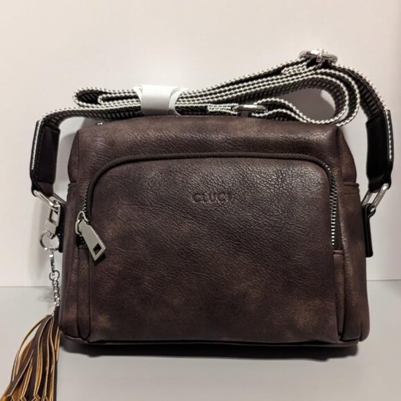 Women Brown Vegan Leather  Crossbody Bag with Adjustable Wide Strap - Picture 1 of 8